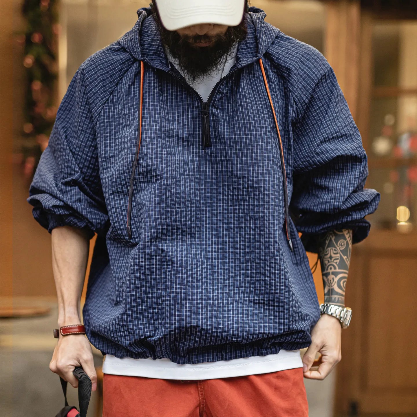 MADEN Seersucker Plaid Hooded Jacket