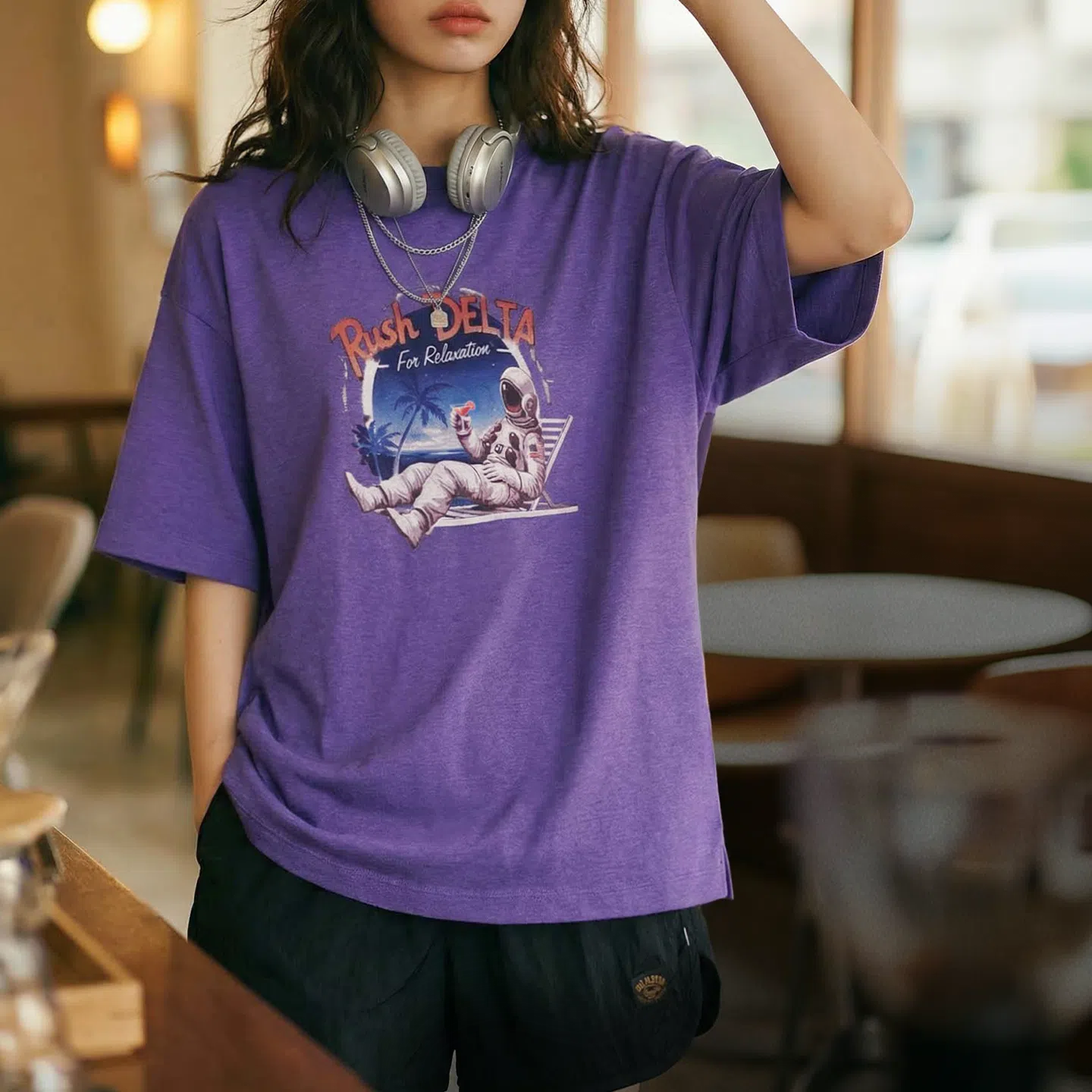 MADEN Women's Purple Lace Print Tee