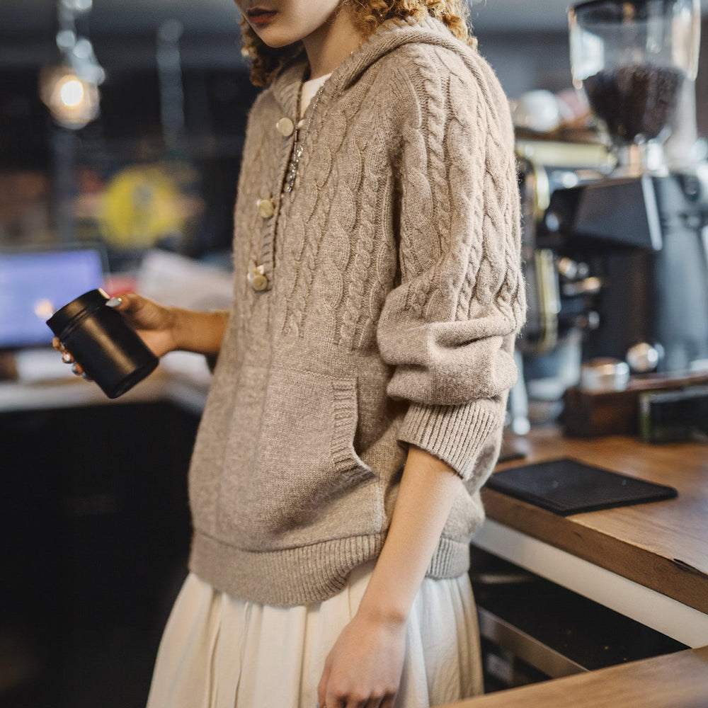 MADEN Chunky Cable-Knit Duffle Button Hoodie