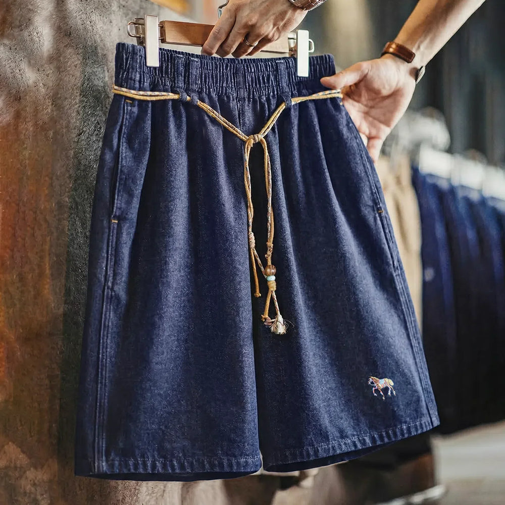 MADEN Washed Denim Embroidered Straight-Leg Shorts