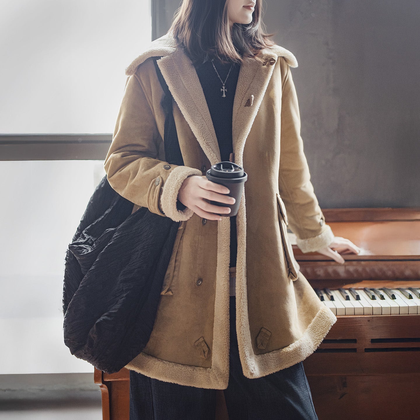 MADEN Suede-Look Sherpa-Lined Mid-Length Jacket