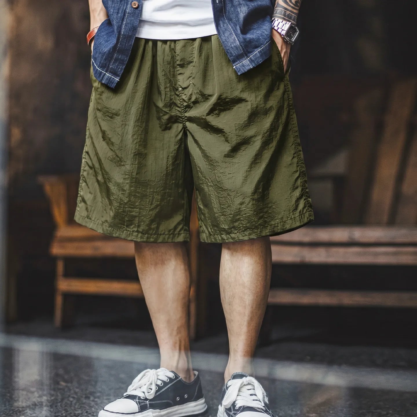 MADEN Olive Wide Leg Athletic Shorts