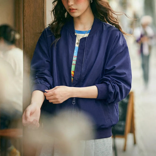 MADEN Women's Navy Blue Bomber Jacket