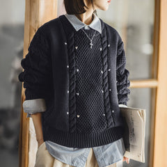 MADEN Cable Knit Heart Pattern Pullover Sweater