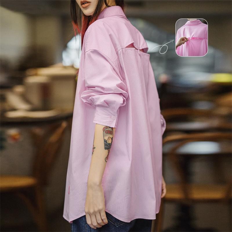 MADEN Light Spring Pink and White Striped Shirt Lazy Holiday Style Jacket Slightly Elastic Hollow Oversize Top Spring Women