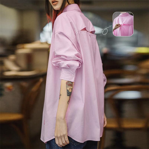 MADEN Hellrosa-weiß gestreiftes Hemd im lässigen Urlaubsstil, leicht elastisch, Oversize-Top mit Cut-Outs für Damen 