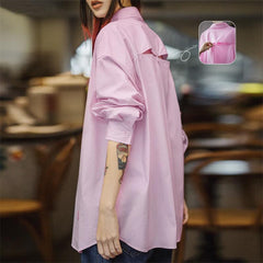 MADEN Light Spring Pink and White Striped Shirt Lazy Holiday Style Jacket Slightly Elastic Hollow Oversize Top Spring Women