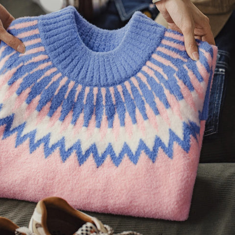 Suéter de punto estilo Fair Isle para mujer MADEN, suave, cálido, grueso, holgado, estilo retro de invierno, rosa, prenda superior cómoda