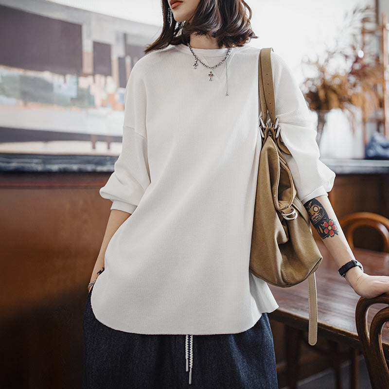 MADEN Damen-Pullover in Weiß mit Waffelstruktur, Oversize-Schnitt 