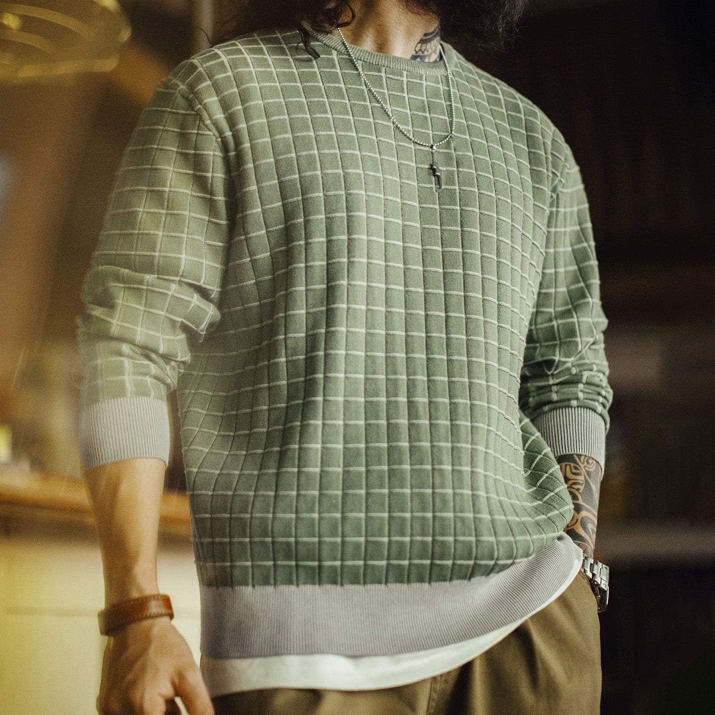 MADEN Herren Sweatshirt mit grünem Karomuster