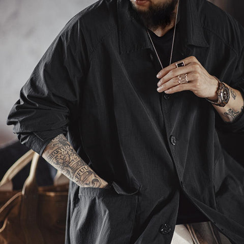 마덴 남성용 검은색 발마칸 코트 – 중간 길이 느슨한 핏 캐주얼 복고풍 오버코트 출퇴근 스타일 트렌치 재킷 가을 봄용