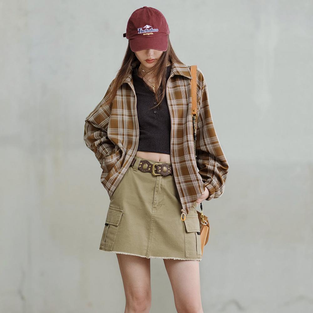 여성용 마덴 빈티지 체크 자켓 카키 턴다운 칼라 코트 봄과 가을 캐주얼 루즈 탑 여성 여가 자켓