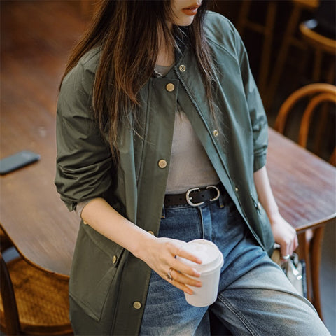 MADEN Women’s Trench Coat – Olive Green, Mid-Length Belted Fit