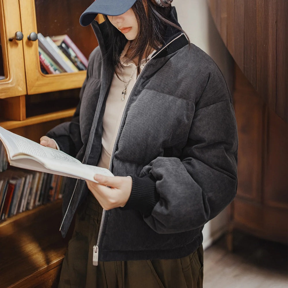 MADEN Women Corduroy Down Jacket 90% Duck Down Warm Short Puffer Coat Knit Stand Collar Drawstring Hem Winter Thick Outerwear