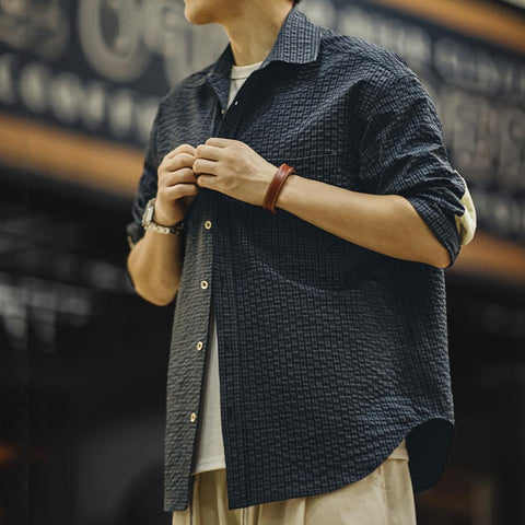 Áo Sơ Mi Tay Dài MADEN Phong Cách Cổ Điển Vải Seersucker Ghép Mảnh