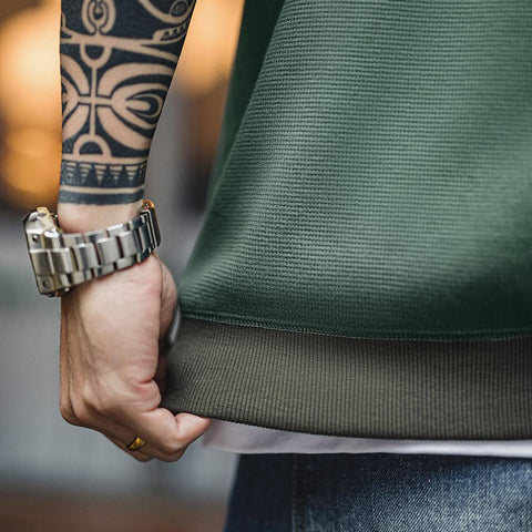 남성용 캐주얼 와플 니트 스웨트셔츠 루즈핏 포켓 티 편안한 핏 긴 소매 풀오버 미국식 캐주얼 스타일