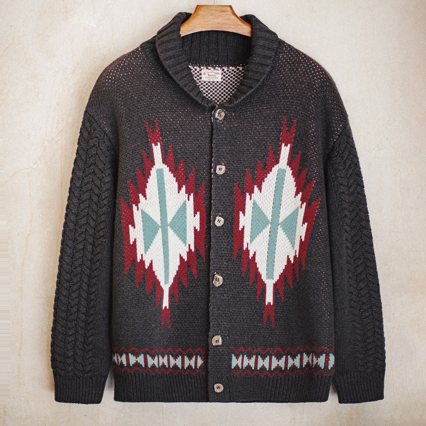 Cárdigan vintage con cuello chal indígena MADEN