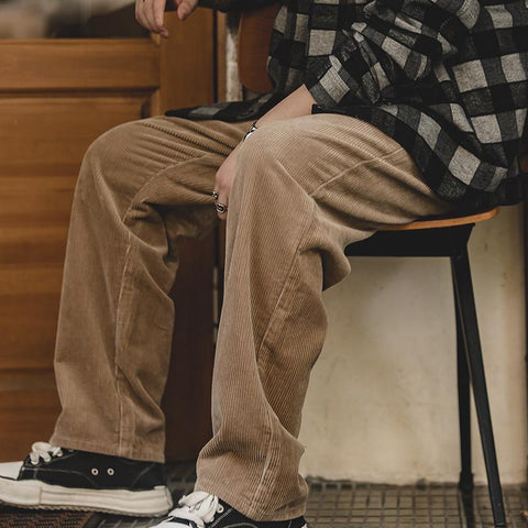 Maden Retro Cordhose, locker geschnitten, weites Bein, mittelhoher Bund, gestreifter Samt, gerade geschnitten, Herren-Winterhose, Freizeithose 