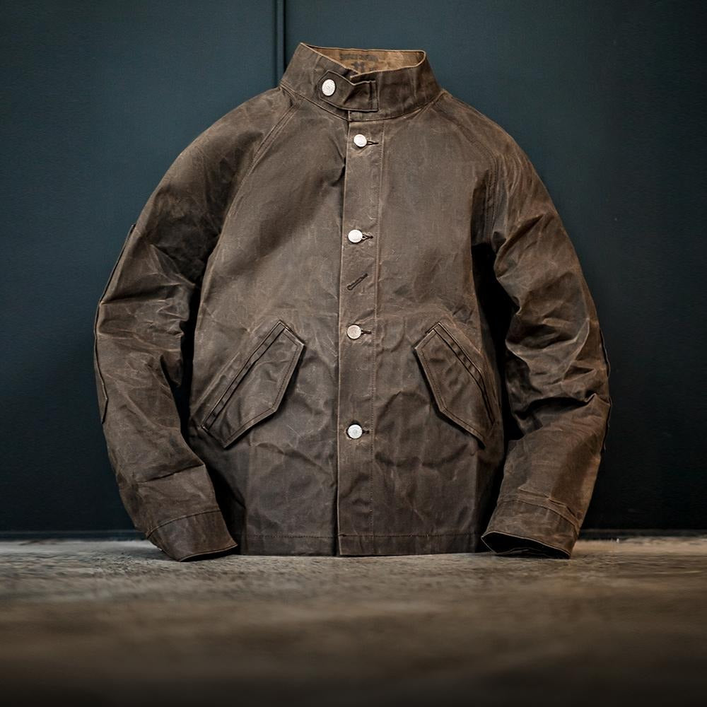 Chaqueta MADEN con Cuello de Pie encerada con Aceite Ⅲ – Abrigo Vintage Amekaji Impermeable y Cortaviento