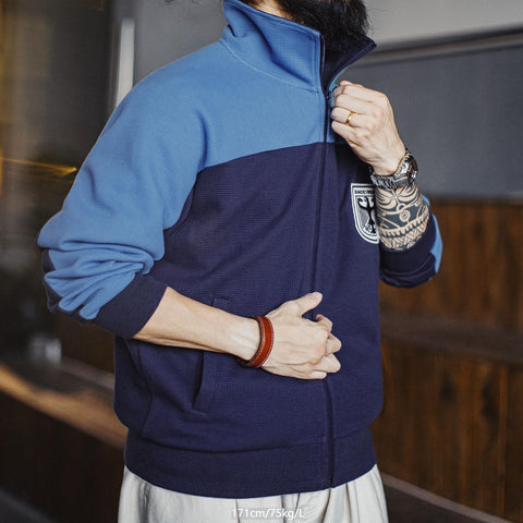 MADEN 남성 컬러블록 코치 재킷 & 와플 니트 조거 세트 스탠드 칼라 통기성 훈련 트랙수트 운동 스트리트웨어 의상