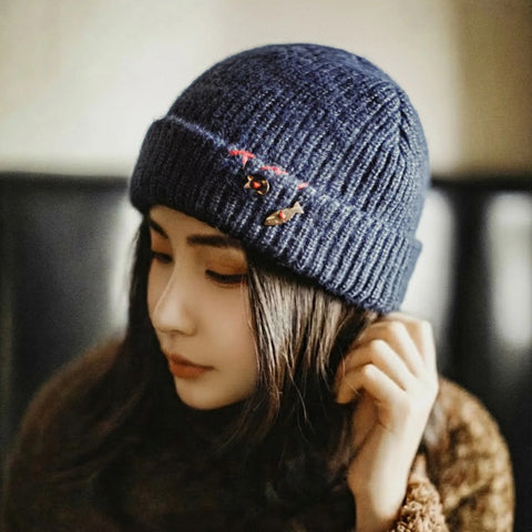 MADEN Navy Vintage Knit Beanie Hat Women Winter Thick Warm Earflap Cozy Cap Cold Weather Essential