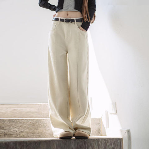 MADEN Retro White Cottonseed Straight Jeans Loose Fit Wide-Leg Casual Pants with Pockets Trousers for Women's Spring And Autumn