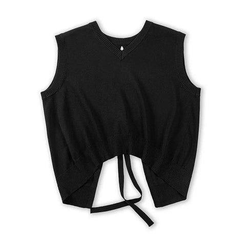 Chaleco de punto para mujer MADEN, informal, con cuello en V, vintage, negro, sin mangas, suéter con cordones, prendas de punto para mujer, prendas superiores de gran tamaño, ropa exterior