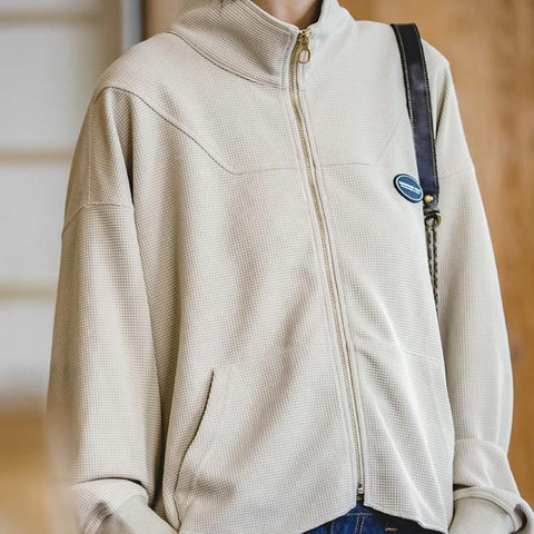 MADEN Damen-Kapuzenjacken mit Reißverschluss, Waffelrippbündchen, lässige Jacken, Harajuku-Sweatshirts, Mäntel mit halbhohem Stehkragen, Streetwear 