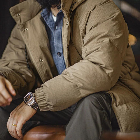 マデン キルティング 羽毛入り上着 90％白鴨羽毛 厚手 フード付き 中綿入り 男性用 高密度生地 暖かい冬用アウター