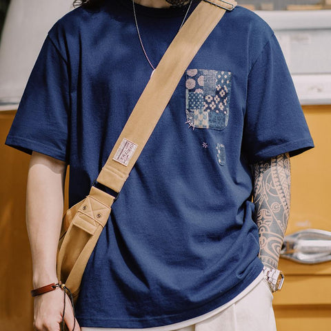 MADEN Casual T-shirt Men Vintage Indigo Plant-Based Blue Dye Cotton 100% Tee Patchwork Pockets Uncle Fu Original Design