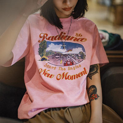 MADEN  Summer Wax-Resist Pink Floral Tee - Vintage American Biker Style Drop-Shoulder Relaxed Slim Fit Women's Top