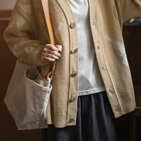 MADEN Vintage Khaki V-Neck Loose Knit Cardigan Women's Retro Jacquard Sweater Coat for Autumn Winter