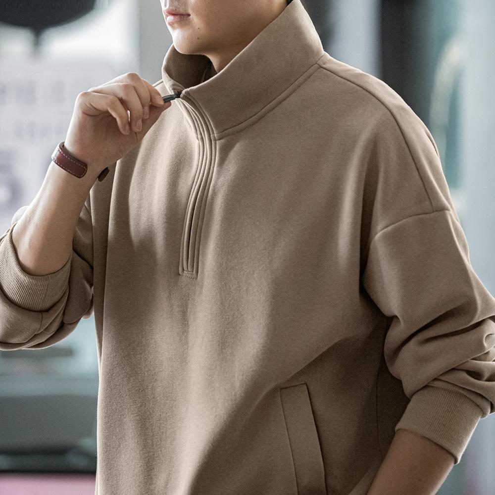 MADEN Herren Halb-Reißverschluss Stehkragen schwerer Fleece Pullover