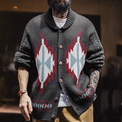 MADEN Vintage Indigenous Shawl Collar Cardigan