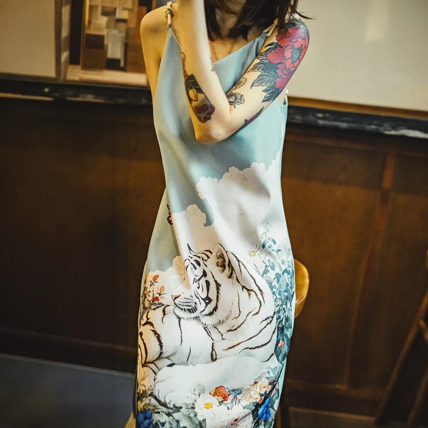 MADEN Women's Tiger Print Midi Dress for Daily Wear