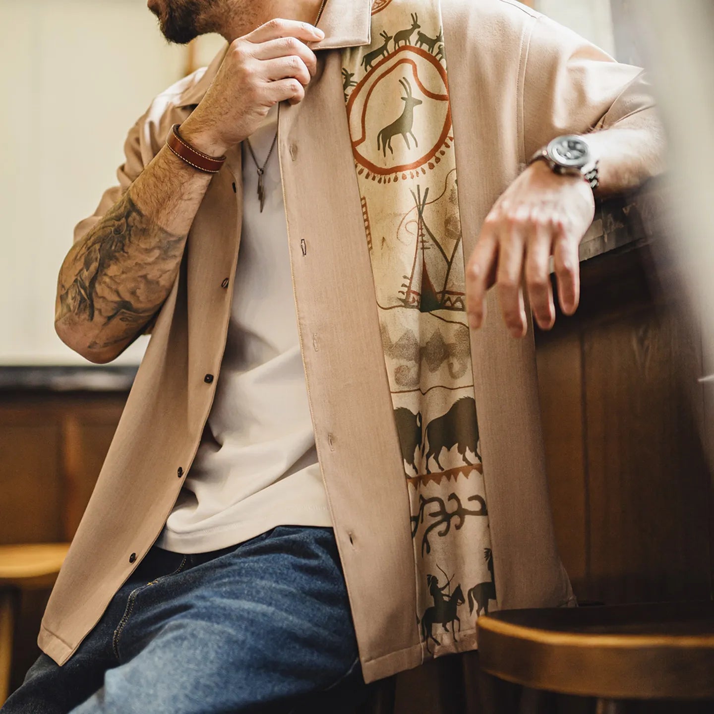 MADEN Totem  Printing  Camp Collar V-neck shirt