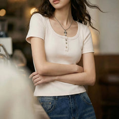 MADEN Women's Henley U-Neck Fitted Tee