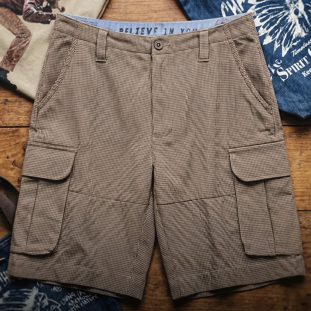 MADEN Plaid Cotton Casual Shorts for Summer