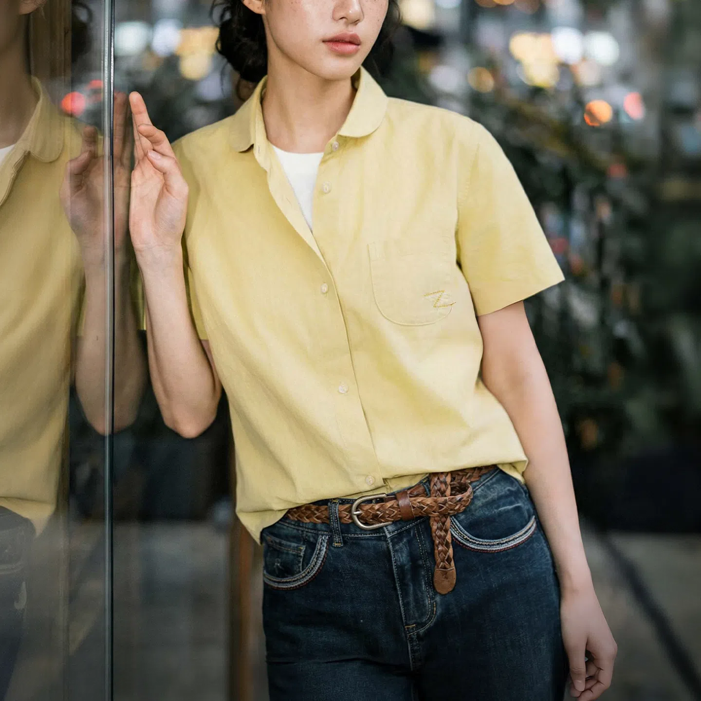 MADEN Women's Yellow Doll Collar Shirt