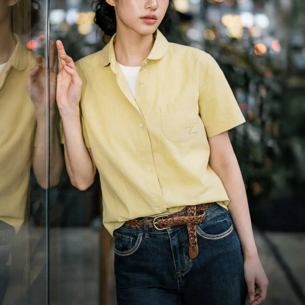 MADEN Women's Yellow Doll Collar Shirt
