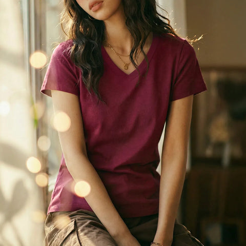 MADEN Women's V-Neck Slim Fit Knit Tee