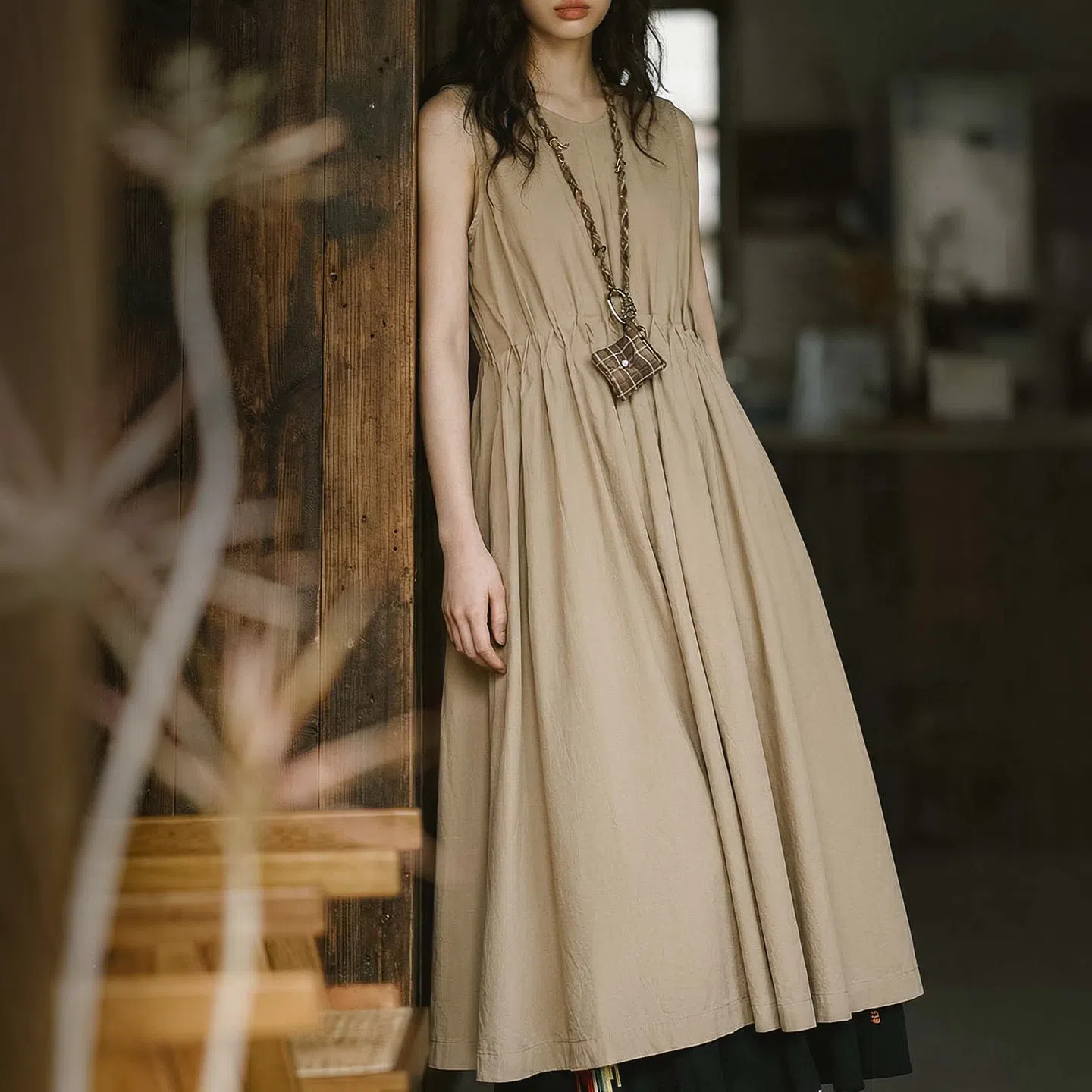 MADEN Women's Cotton Drawstring Maxi Dress