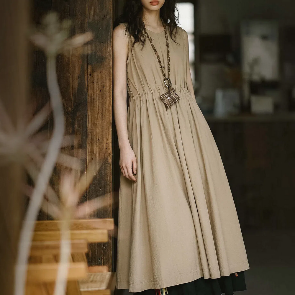MADEN Women's Cotton Drawstring Maxi Dress