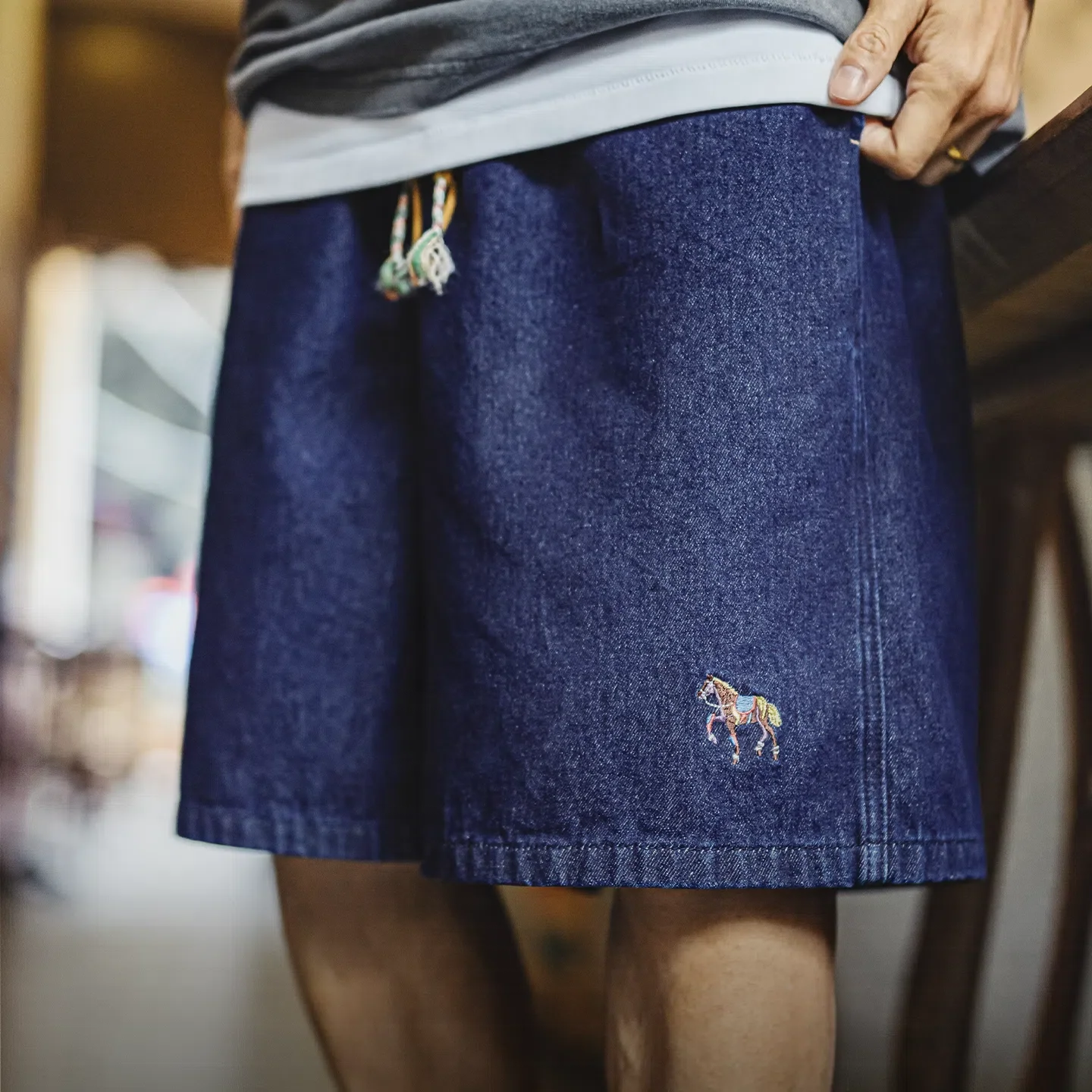MADEN Washed Denim Embroidered Straight-Leg Shorts