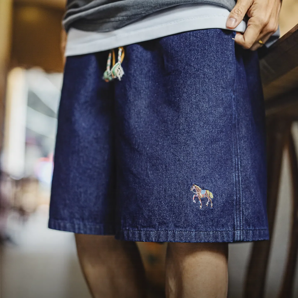 MADEN Washed Denim Embroidered Straight-Leg Shorts