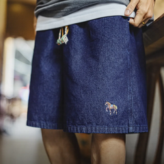 MADEN Washed Denim Embroidered Straight-Leg Shorts