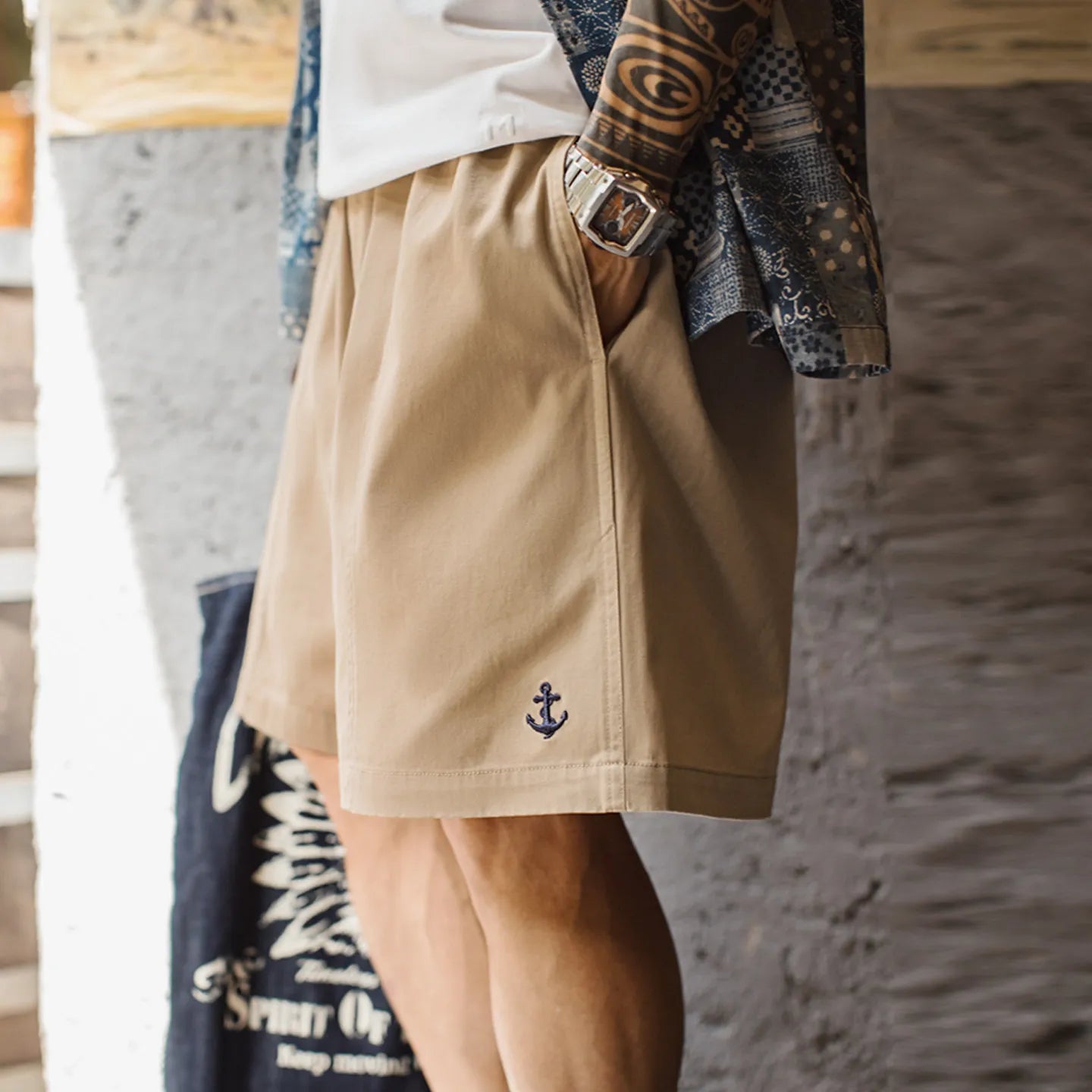 MADEN Baumwoll-Shorts mit Anker-Stickerei