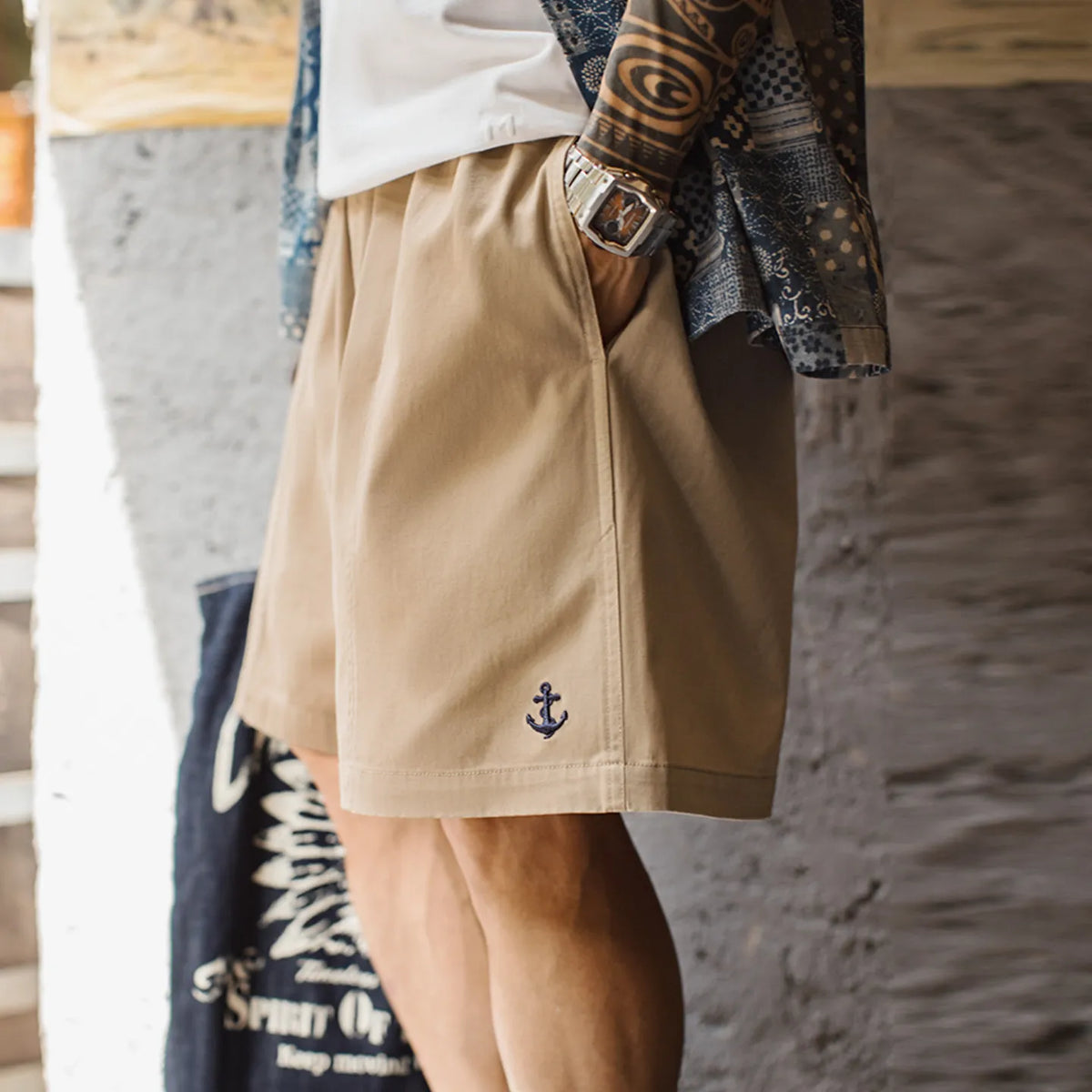 MADEN Baumwoll-Shorts mit Anker-Stickerei