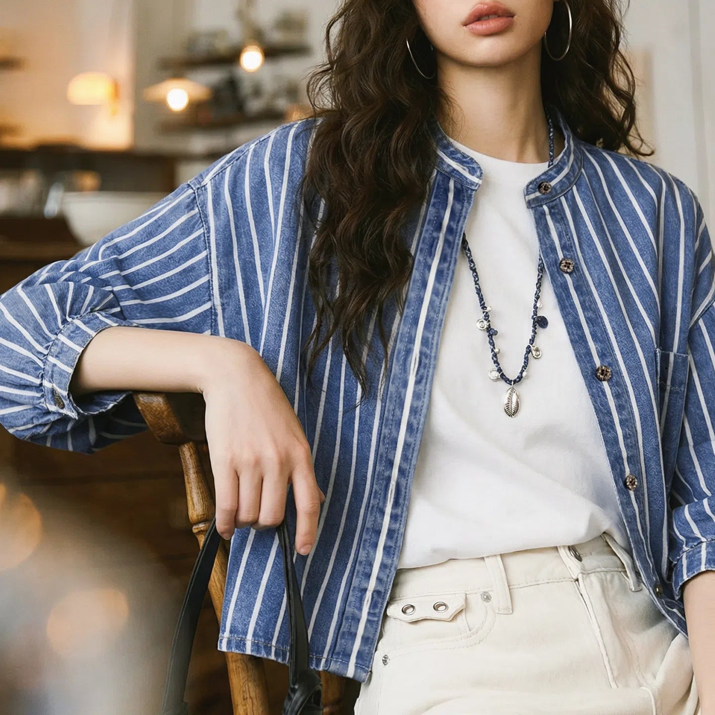 MADEN Women's Denim Stripe Crop Shirt