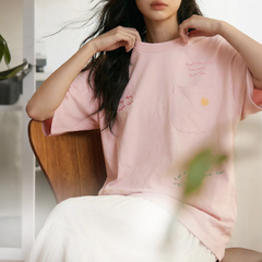 MADEN Women's Pink Pocket Embroidery Tee